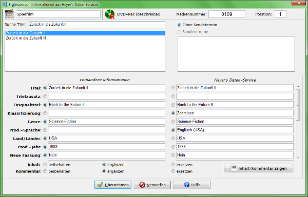 Heyer's Heim-Videothek: Ergänzen von Informationen aus Heyer's Daten-Service