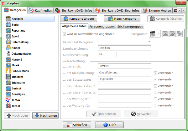 Heyer's Heim-Videothek: Vorgaben / Kategorien